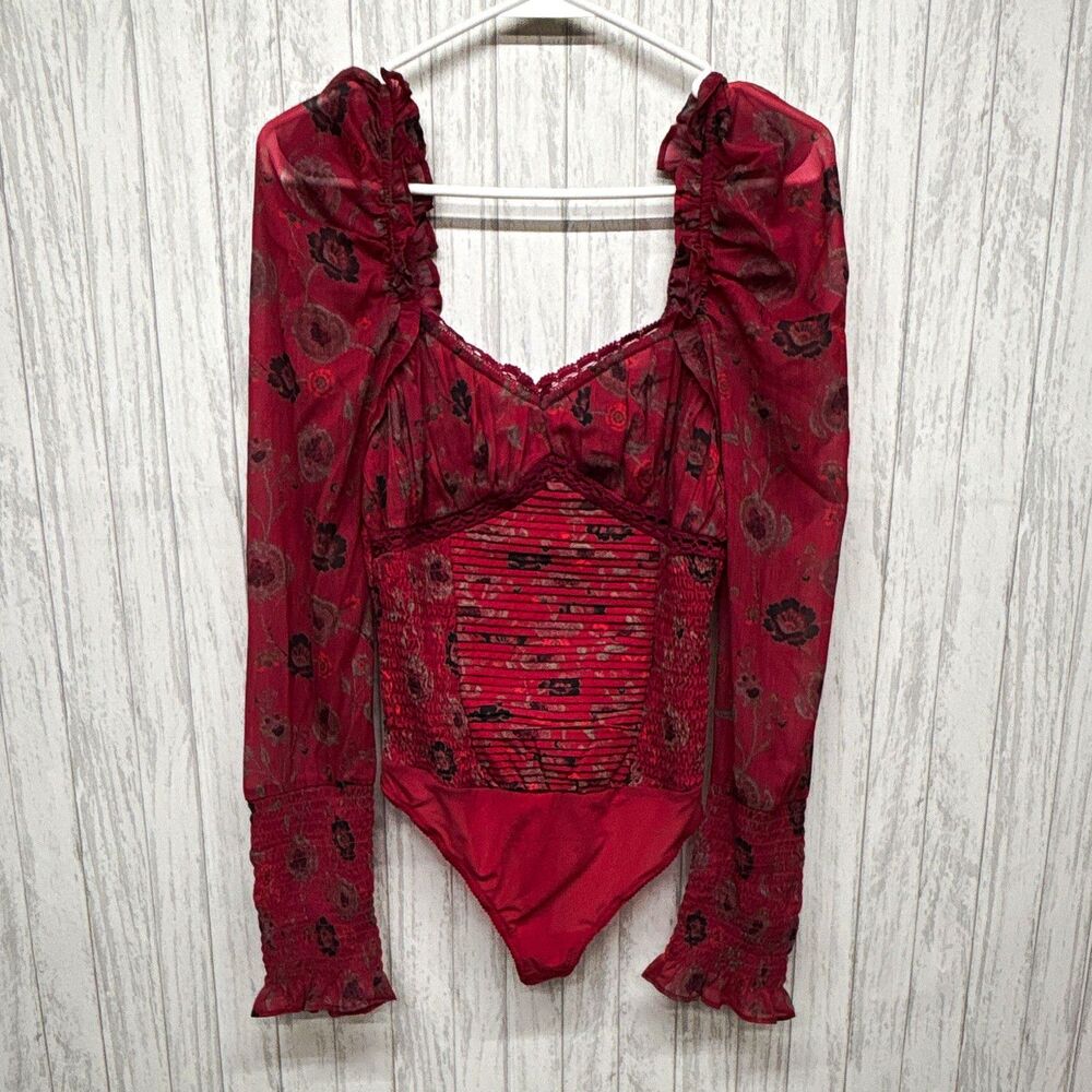 Free People Red Floral Long Sleeve Lace Smocked Ruffle Stretch Bodysuit S